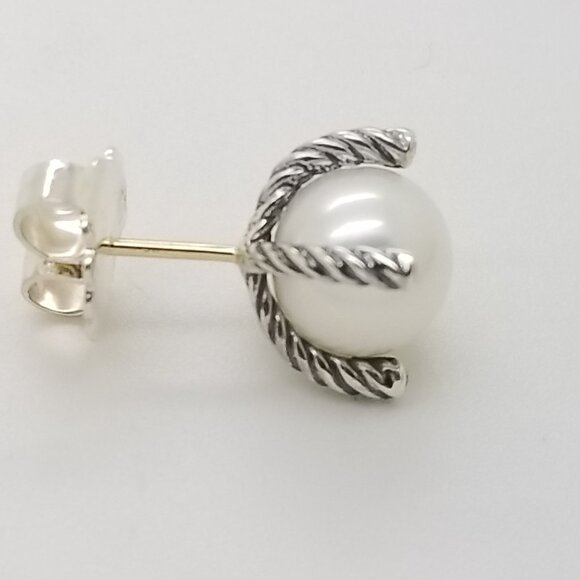 DAVID YURMAN 6mm Cable Classic Pearl Earrings in Sterling Silver w/ Diamonds 925 - Picture 5 of 8